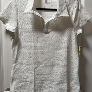 EleVen by Venus Williams White Polo Collar Fitted Top